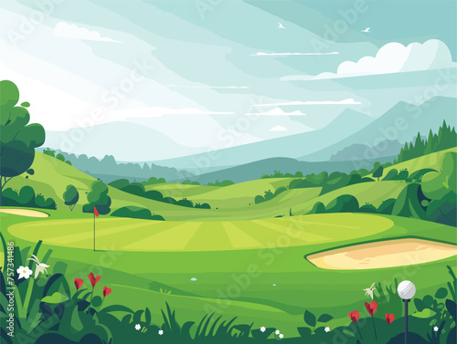 Golf course with mountains, green trees, and blue sky in the background