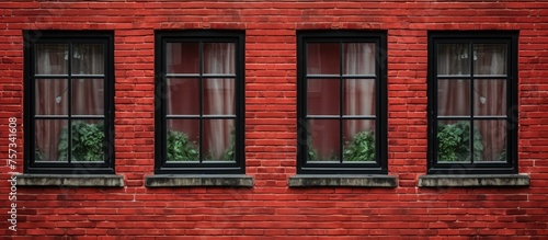A series of rectangular windows with brown wooden fixtures on a red brick building, showcasing the traditional brickwork as a building material in real estate