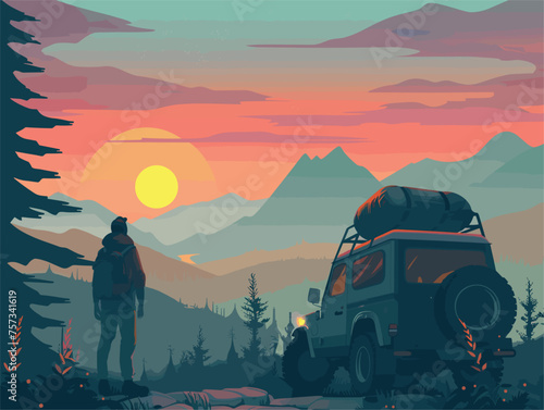 Man standing by a jeep at dusk with backpack under afterglow sky