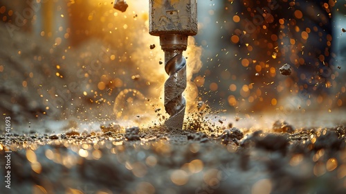 metal drill bit make holes in concrete wall on industrial drilling machine with shavings. Metal work industry. AI generated illustration photo