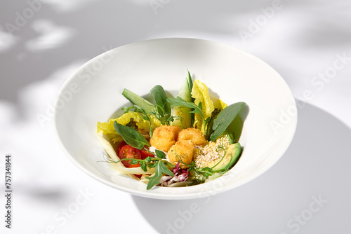 Vegetable salad bowl with avocado and cheese tempura balls, highlighted by shadows on a white surface