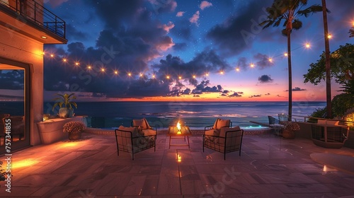 A patio with a view of the ocean at night. 