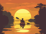 Man paddling kayak on river at sunset, under orange afterglow sky