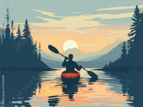 Man paddles kayak on lake at sunset, surrounded by natural landscape