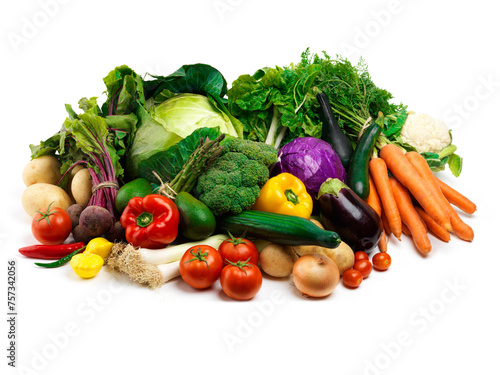 Fototapeta Naklejka Na Ścianę i Meble -  Agriculture, groceries and vegetables in studio for healthy diet, organic food and fresh produce. Harvest, nutrition and pile of natural products for vegan lifestyle, sustainability and wellness