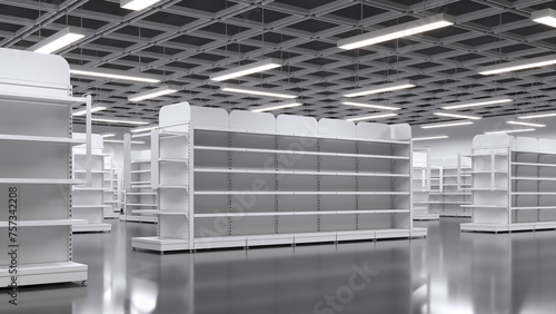Supermarket interior mockup with rows of empty racks. 3d illustration