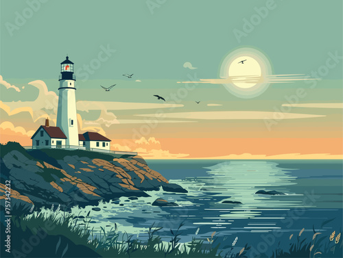 Lighthouse towers on cliff, painting sky, water, and horizon in the background