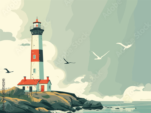 a lighthouse on a rocky cliff overlooking the ocean with seagulls flying around it