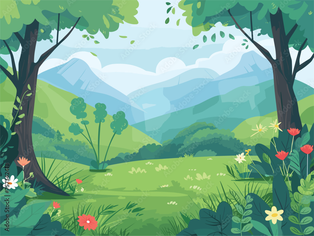 Vibrant cartoon art of a lush green ecoregion with mountains in the background