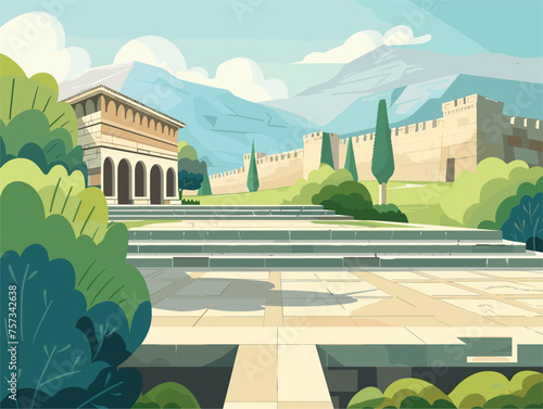 Ancient Greek temple surrounded by greenery, with mountains in the background