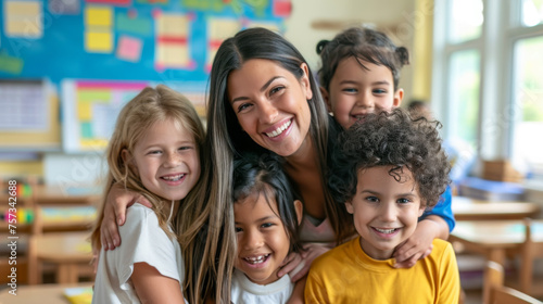 female teacher is being hugged joyfully by two young children