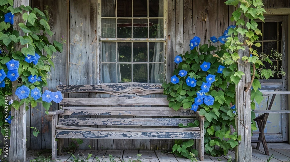 A rustic porch with a weathered wooden couch and blue morning glories.