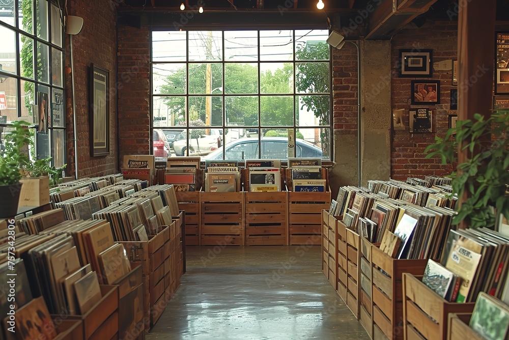 A hipster vinyl record store, with crates of vintage albums and a retro aesthetic