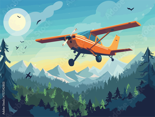 A monoplane aircraft soars above forested mountains under a clear sky