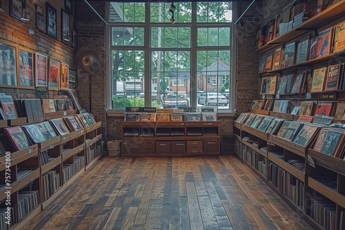 A hipster vinyl record store, with crates of vintage albums and a retro aesthetic