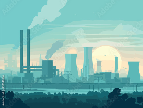 Cartoon of nuclear power plant in scenic sunset atmosphere