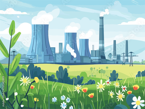 Flowers bloom in front of a nuclear power plant amidst a cloudy sky