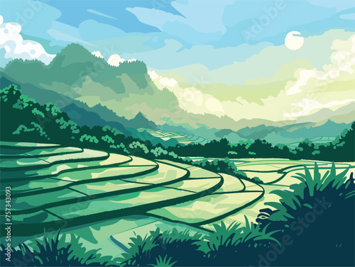 A vibrant painting of lush grass field, majestic mountains, and a cloudy sky