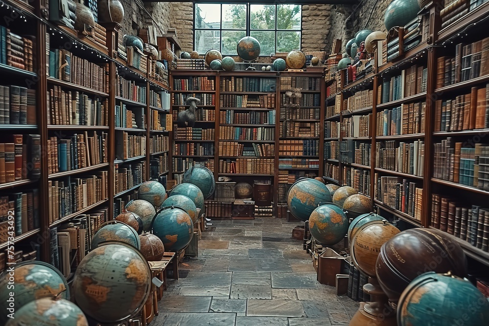 A quaint bookshop in a historic European town, its shelves stacked with leather-bound volumes and antique globes - obrazy, fototapety, plakaty 