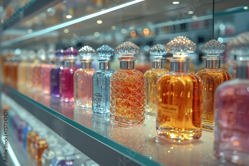 A perfume boutique with rows of elegant glass bottles