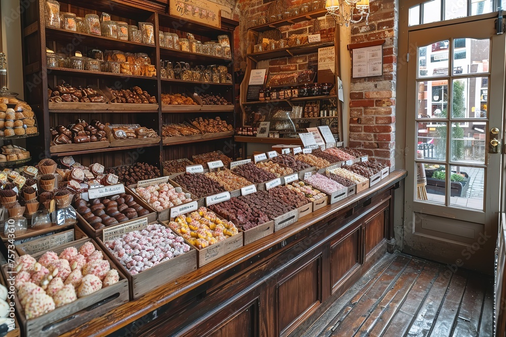 A quaint confectionery shop in a small European village, featuring handmade chocolates and truffles