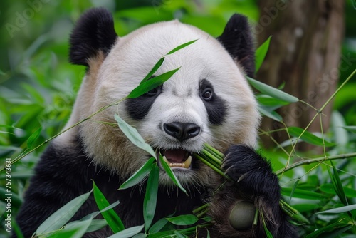 Panda Bear Eating Bamboo  Bifengxia Panda Reserve in Ya an Sichuan Province  China. Panda looking at the viewer with mouth open  eating a large chunk of Bamboo. Endangered Species Animal Conservation