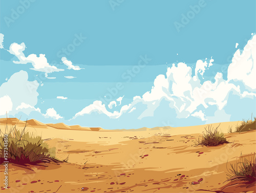 A desert landscape painting with blue sky, clouds, and Aeolian landforms