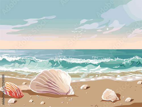 Seashells painting by the ocean, capturing azure skies and liquid waters