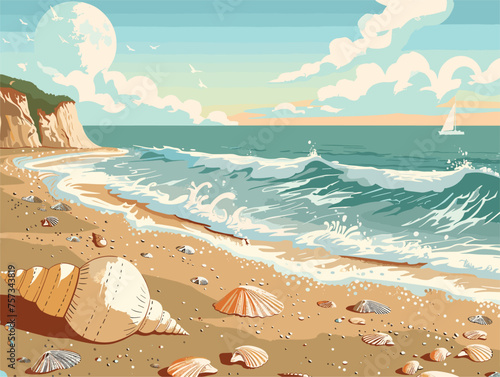 Azure waves crashing onto sandy beach with scattered seashells under cloudy sky