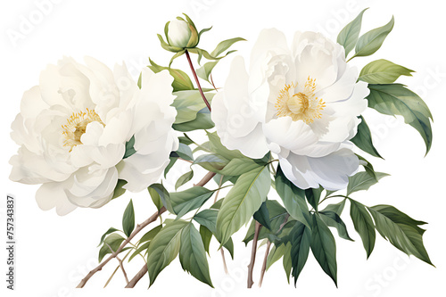 watercolor painting realistic White peony  branches and leaves on white background. Clipping path included.