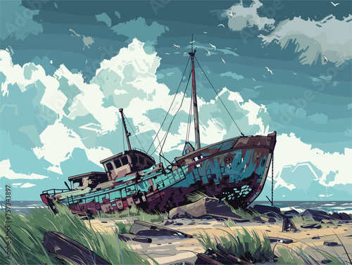 Artistic painting of an old boat on the beach under a cloudy sky