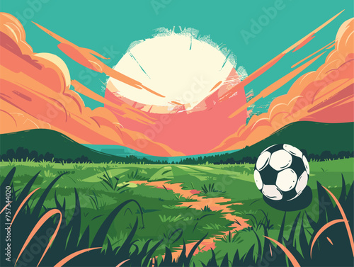 Soccer ball on green field at sunset, blending into natural landscape