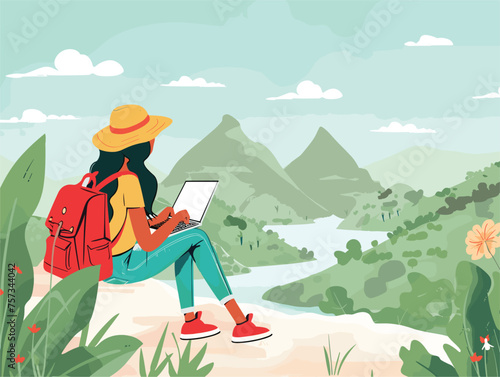 Woman with hat happily cartooning on laptop in nature