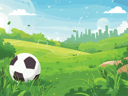 Soccer ball rests on green grass field under cloudy sky