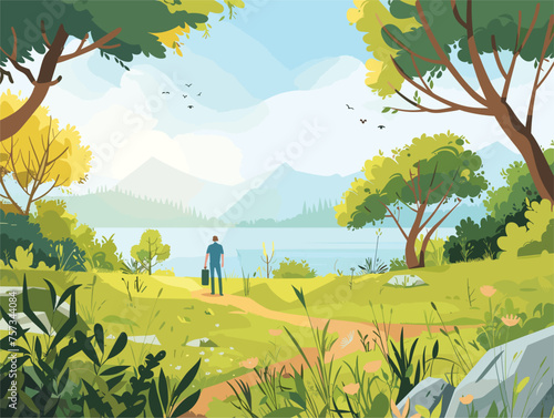 Man admiring lake in park, surrounded by trees and natural landscape