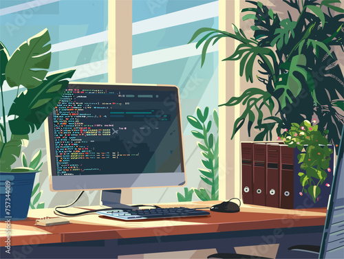 A personal computer sits on a desk by a window next to a houseplant