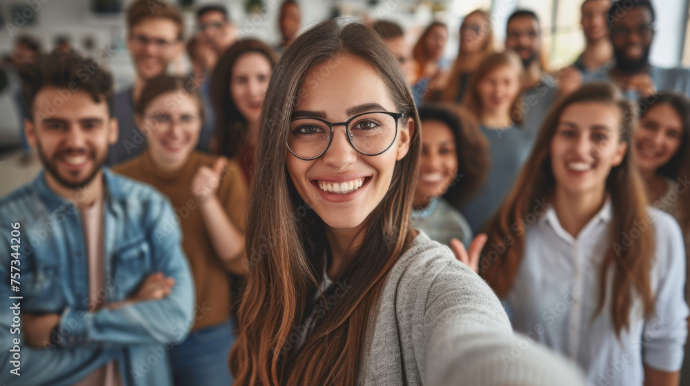 young woman in glasses with a group of diverse people in the background young woman in glasses with a group of diverse people in the background