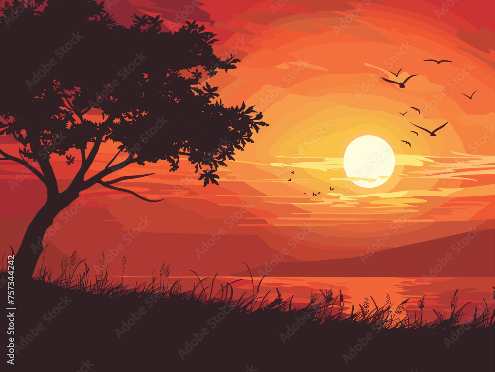 A tree silhouetted against an orange afterglow as birds soar in the sky A tree silhouetted against an orange afterglow as birds soar in the sky