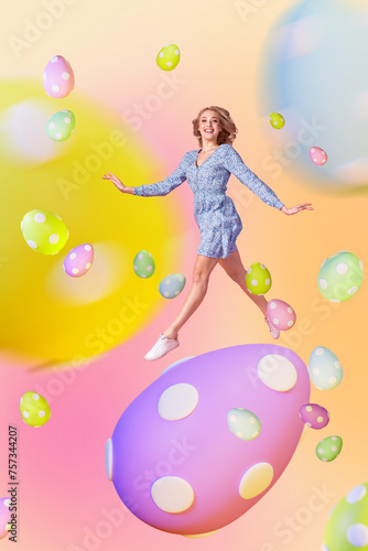 Creative vertical picture collage young happy carefree woman levitating go step walking huge egg falling easter concept drawing background