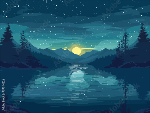 Night painting of lake with mountains in background, under azure sky