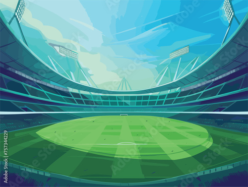 A symmetrical empty soccer stadium with a lush green field
