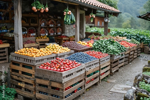 A rustic farmers' market in the countryside, with wooden stalls and crates of fresh produce