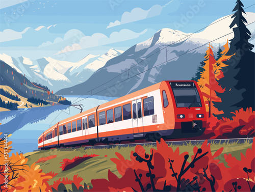 an illustration of a train traveling through a mountainous area