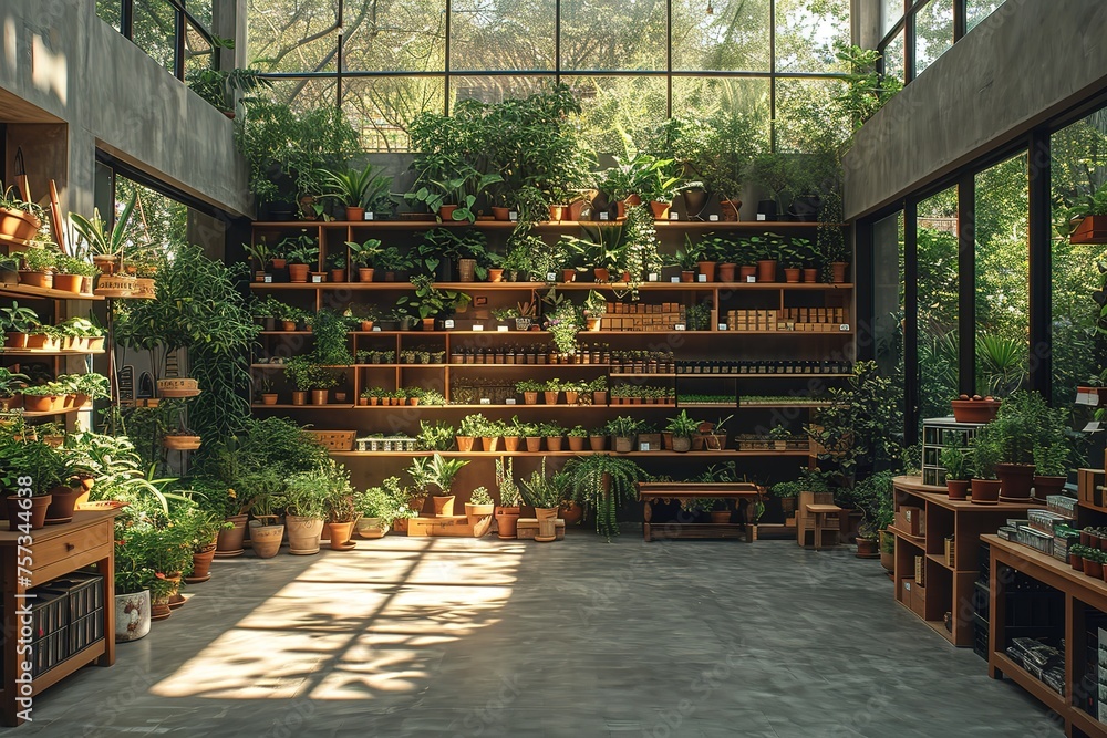 A serene botanical garden gift shop, with gardening tools, rare plant specimens, and terrariums A serene botanical garden gift shop, with gardening tools, rare plant specimens, and terrariums