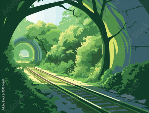 Train track passing through a tunnel amidst lush trees and natural landscaping
