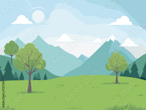 Vibrant green field with trees  mountains and cloudy sky in natural landscape