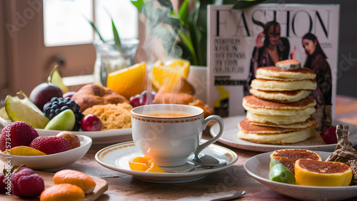 Inviting Breakfast Table Setting with Coffee and Pancakes