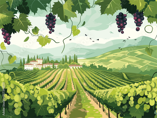 Natures art green vineyard filled with ripe grapes hanging from the vines