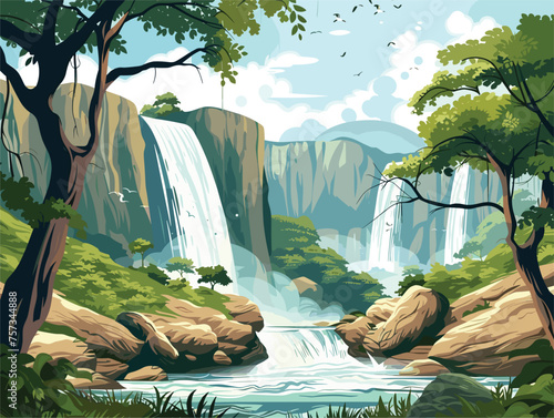 A waterfall cascades amidst trees and rocks in a forest ecoregion