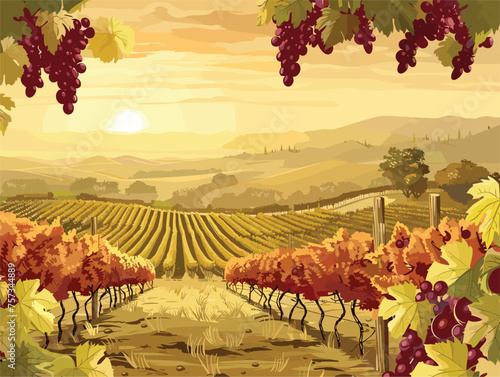 Art depicting a vineyard with grapes and leaves under a sunset sky